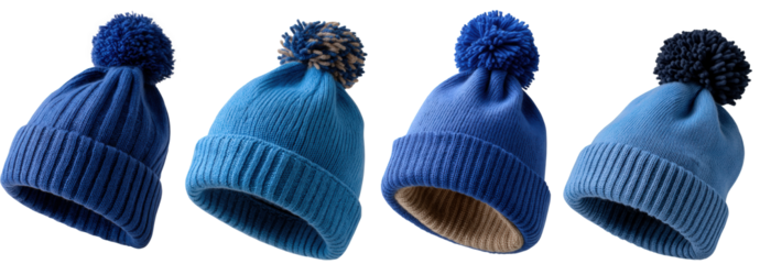 A versatile collection of warm knitted beanies in various blue shades, each featuring a playful pom-pom, perfect for enhancing winter fashion and providing cozy comfort during cold weather adventures