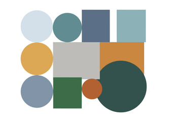 Abstract geometric composition with colorful circles and squares.