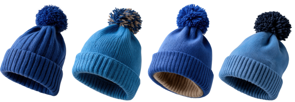 A versatile collection of warm knitted beanies in various blue shades, each featuring a playful pom-pom, perfect for enhancing winter fashion and providing cozy comfort during cold weather adventures