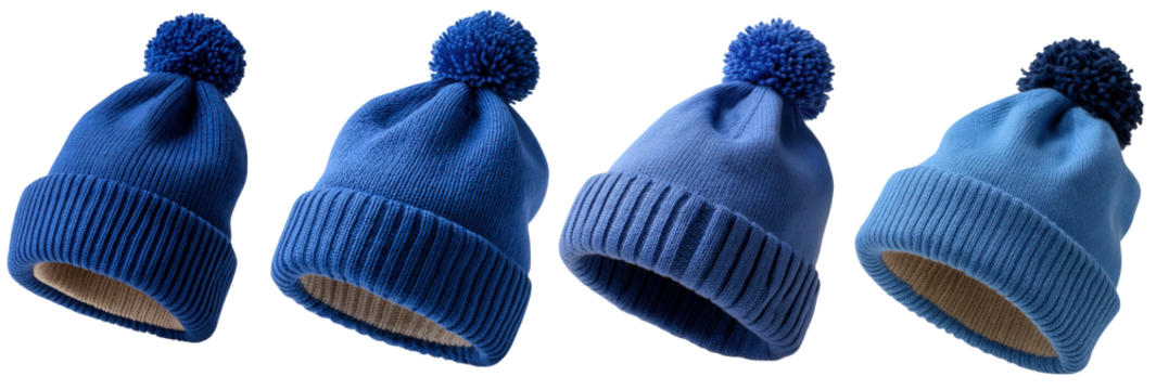A charming collection of warm, knitted blue winter hats with fluffy pom-poms, perfect for cold weather fashion and cozy outdoor adventures