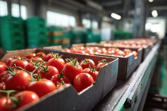 Fresh ripe tomato in cardboard crate on packing line with dewdrops and green stem, industrial produce sorting facility with stacked crates and conveyor