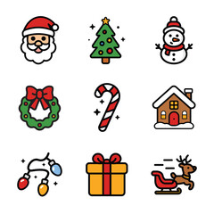Christmas themed icons featuring santa, tree, snowman, and reindeer are perfect for holiday greeting cards, websites, and posters.