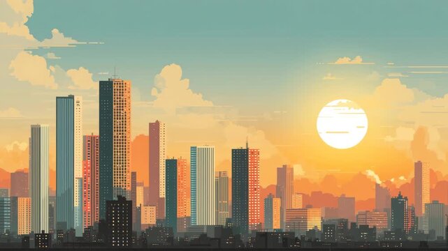 夕暮れ色で幾何学的に簡略化した都市スカイラインのミニマルポスター、人物なし