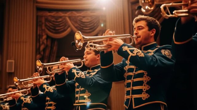 Men in ornate uniforms play trumpets in a concert hall