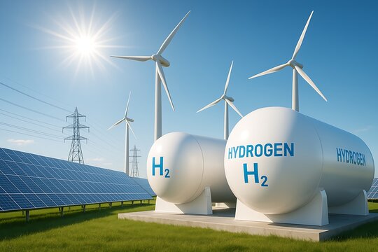 Futuristic Renewable Energy Landscape Featuring Hydrogen Storage Tanks, Solar Panels, and Wind Turbines Under Bright Blue Sky Representing Green Hydrogen Production, Clean Energy Transition