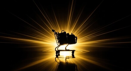 Miniature shopping cart with bags in golden light burst representing sale and commerce