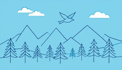 Minimalist Mountain Landscape with Pine Trees and Flying Bird.
