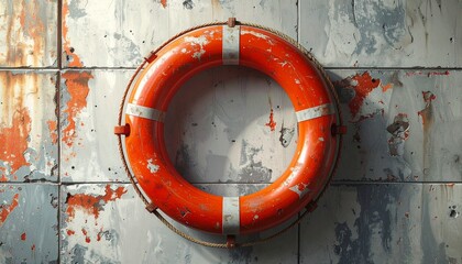 Orange Lifebuoy Hanging on Weathered Wall.