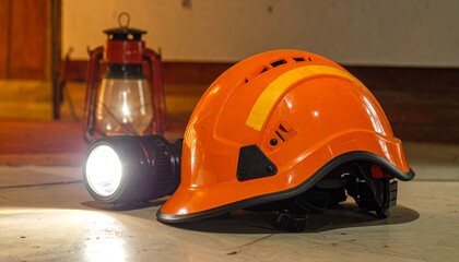 Orange safety helmet with flashlight and lantern for industrial work.