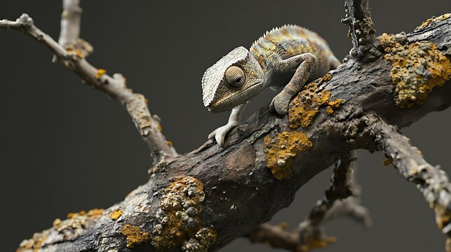A tiny baby chameleon with striped skin carefully perches on a weathered, lichen-covered tree branch. - Powered by Adobe