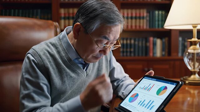 Business professional reviewing company report on tablet computer in 4K UHD, capturing the focused attention and scrutiny of an executive analyzing important data, perfect for corporate.