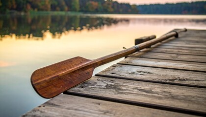 Wooden Oar Resting on a Dock at Sunset by a Calm Lake.