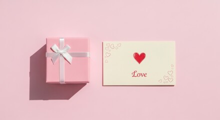 Pink gift box and love card on pink background for valentine day celebration