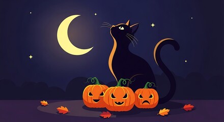 Black Cat with Carved Pumpkins on a Spooky Halloween Night.