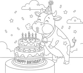 Cute Cow Birthday Celebration Coloring Page – Adorable Cartoon Cow Blowing Candles on Cake with Party Hat and Confetti for Kids Fun and Coloring Book