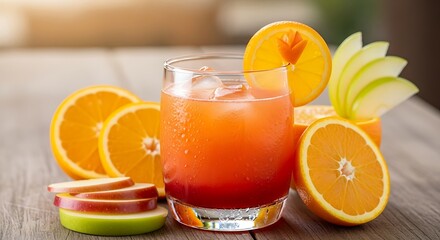 Refreshing Orange and Apple Juice with Slices on Wooden Table.