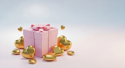 Pink gift box with golden hearts on a soft gradient background for celebrations