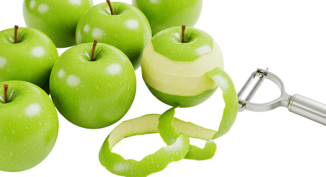 Fresh green apples, one peeled with a peeler and spiraled peelings on surface isolated on transparent background, isolated on white background, Vector, illustration
