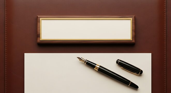 Elegant stationery set with pen, paper, and nameplate on brown surface.