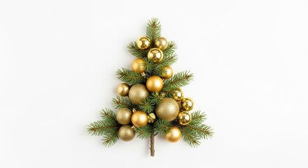 Festive christmas tree made of fir branches and golden ornaments on white background