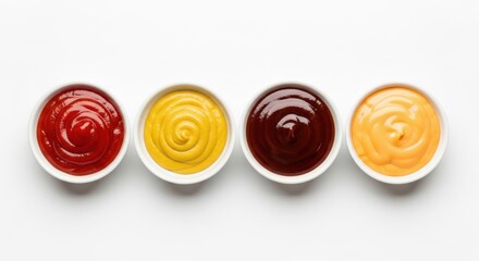 Variety of popular condiments including ketchup mustard barbecue and cheese sauce