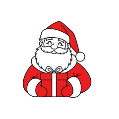 santa claus holding a red gift box, clean vector lines, minimal color (red and white only), no shadow, white background