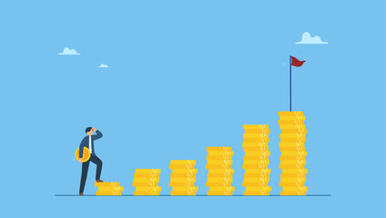 Young adult office man carrying money coin start step on compound money stack. Start invest in stock market, begin savings to achieve financial goal, power of compound interest, collecting wealth.
