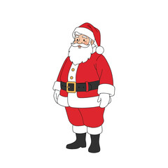 smiling santa claus standing with red clothes and white gloves, simple lines, no shadows, white background