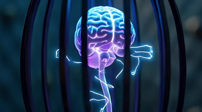 A glowing brain trapped inside a metallic cage, symbolizing mental restriction and negative thinking.
