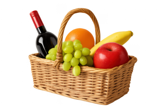 Wicker gift basket holding fresh fruit and wine