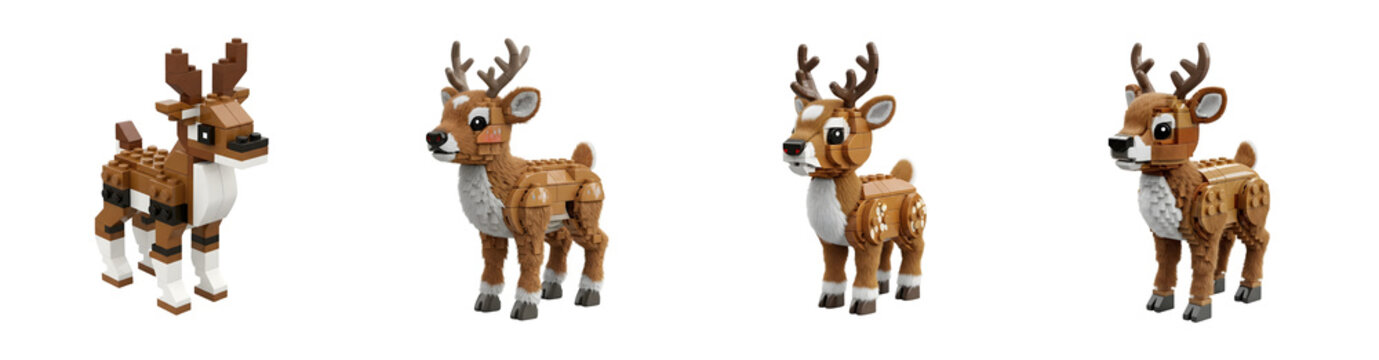 Four Brown Reindeer Figures Constructed From Building Blocks Displayed Against A Transparent Background Transparent Background