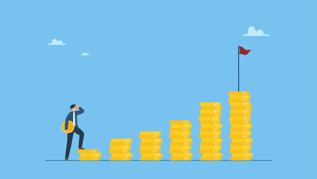 Young adult office man carrying money coin start step on compound money stack. Start invest in stock market, begin savings to achieve financial goal, power of compound interest, collecting wealth.