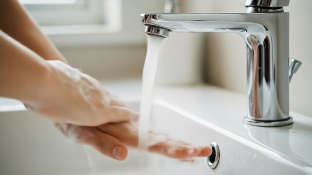 Soapy hands washing under a chrome faucet in a white sink
