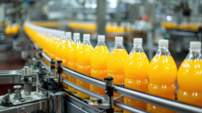 Orange beverage bottles lined on stainless steel production conveyor in beverage factory, bright orange liquid, plastic bottle, automated filling and bottling machinery