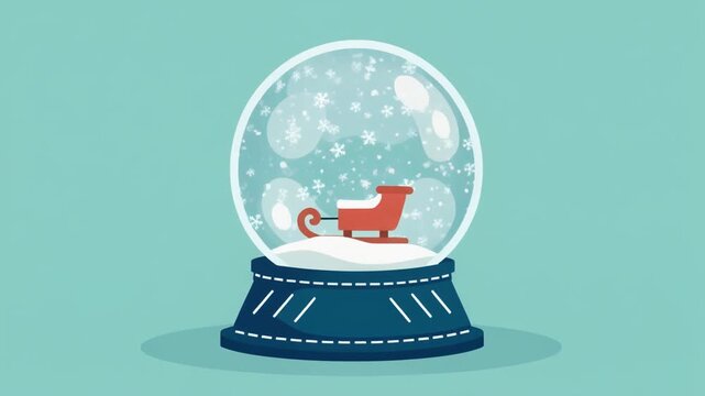 Snow globe with red sleigh inside, on a blue base, with snowflakes.