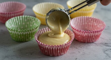 Close-up of fluffy cupcake batter being carefully scooped into colorful paper liners, ready for baking. A delicious treat in the making, promising sweetness ,process ,sweet ,treat