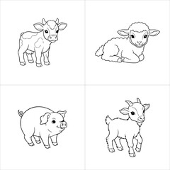 Collection of four cute farm animal line drawings, including a calf, lamb, piglet, and kid goat