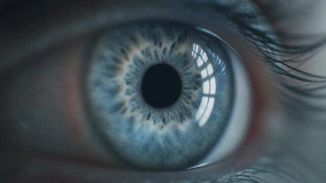 Close-up of a human eye with blue iris and visible eyelashes.