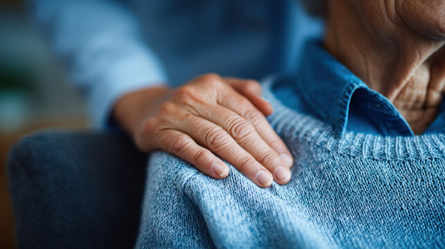 Elderly person wearing blue sweater with comforting hand on shoulder conveying support and care in warm intimate moment