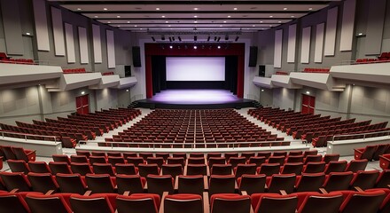 Naklejka premium Grand Theater Interior with Rows of Red Seats and Stage.