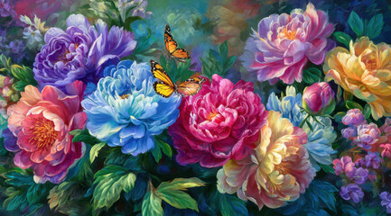 Colorful peony bouquet with butterfly, blue peony, pink peony, yellow peony, green foliage, floral oil painting, vibrant garden