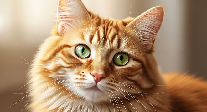 Close-up Portrait of a Fluffy Orange Tabby Cat with Striking Green Eyes.