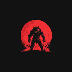 Striking and intense vector illustration of a snarling werewolf standing aggressively against a huge, menacing red full moon