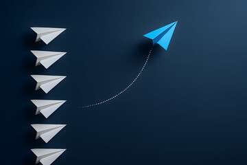 Blue paper airplane soars ahead of white flock, charting a unique path to success with a dotted line trail