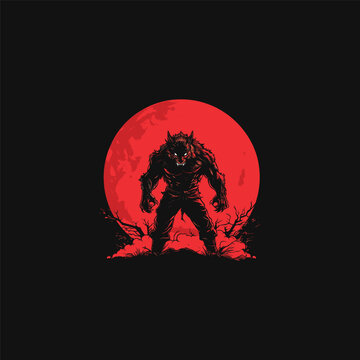 Striking and intense vector illustration of a snarling werewolf standing aggressively against a huge, menacing red full moon