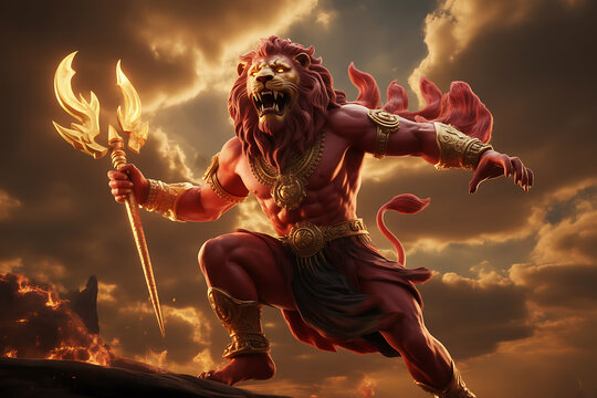 Fierce lionheaded warrior god wielding a fiery trident against a dramatic sky