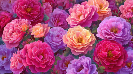 Fototapeta premium Full frame multicolored Chinese rose bloom garden pink purple peach red yellow peony floral pattern vibrant romantic