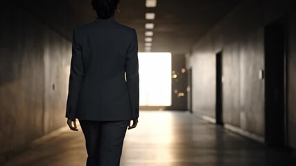 Business person in a suit walking down a long corridor towards a bright light.