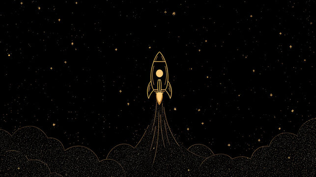 Golden rocket launch rising into starry night sky with trailing sparkles and cloud silhouette evoking ambition and achievement