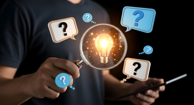 Discovering brilliant ideas through critical thinking and problem solving, with questions guiding the innovation process forward.